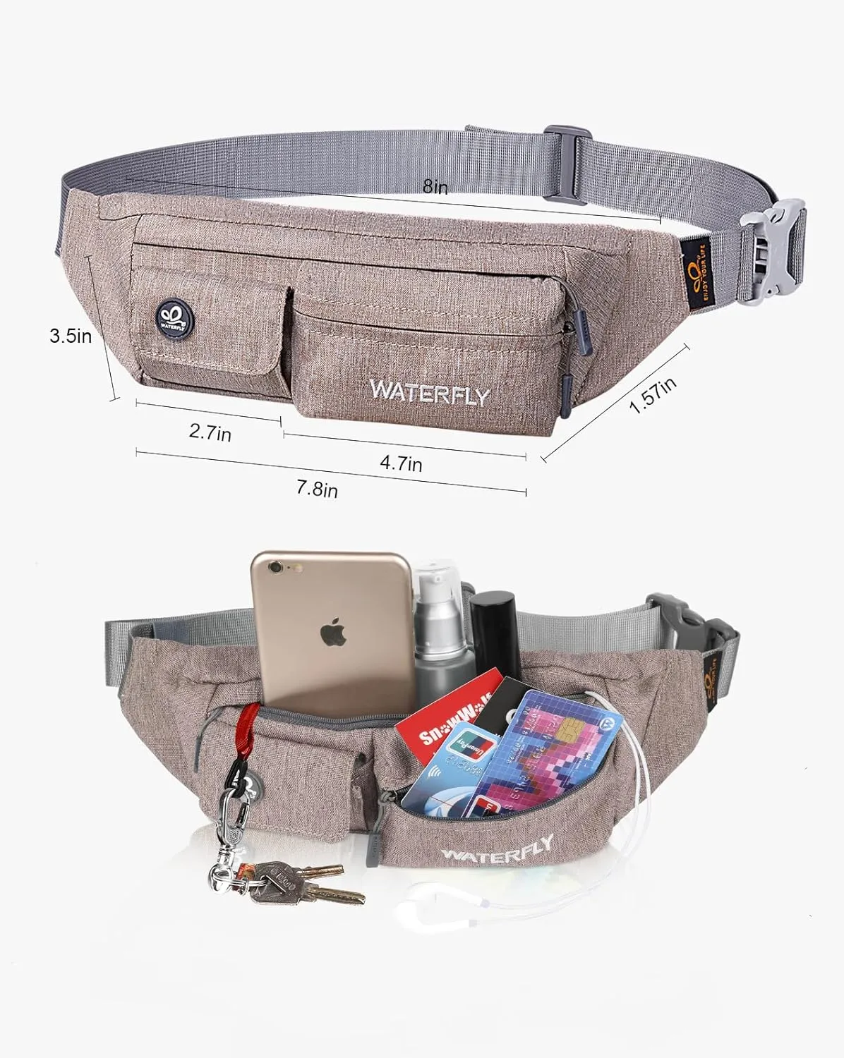WATERFLY Fanny Pack for Women Men Water Resistant Small Waist Pouch Slim Belt Bag with 4 Pockets for Running Travelling Hiking Walking Lightweight Crossbody Chest Bag Fit All Phones
