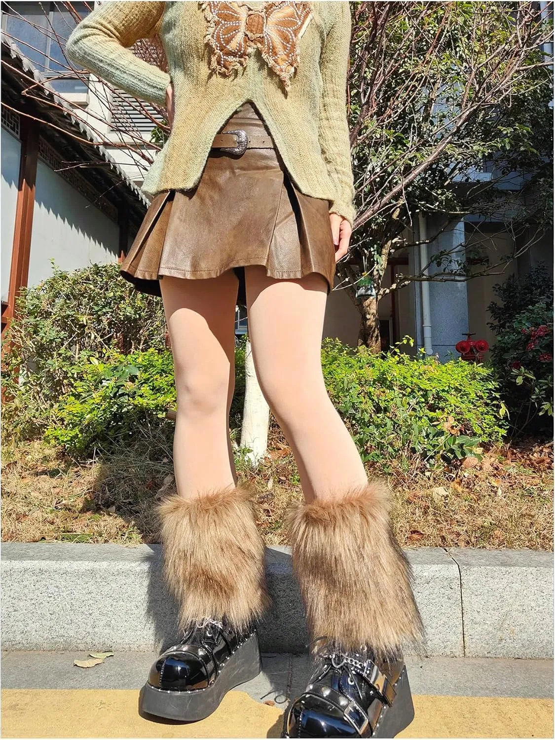 WDIRARA Women's Faux Fur Leg Warmers Fuzzy Leg Cuffs Winter Cuff Covers