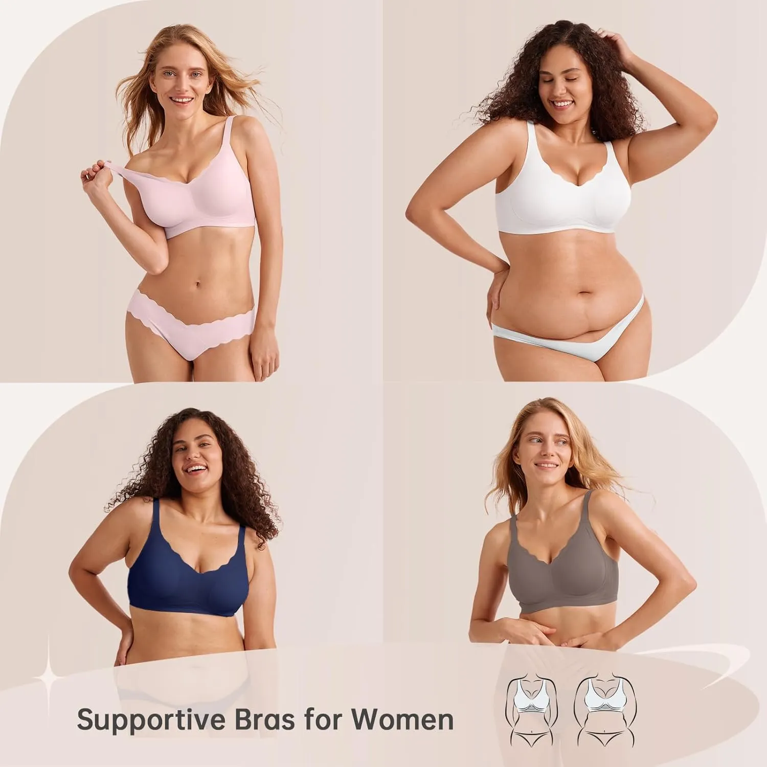 Wireless Seamless Bras for Women No Underwire Push Up Scalloped V Neck Full Coverage Support Bralettes Everyday Bras