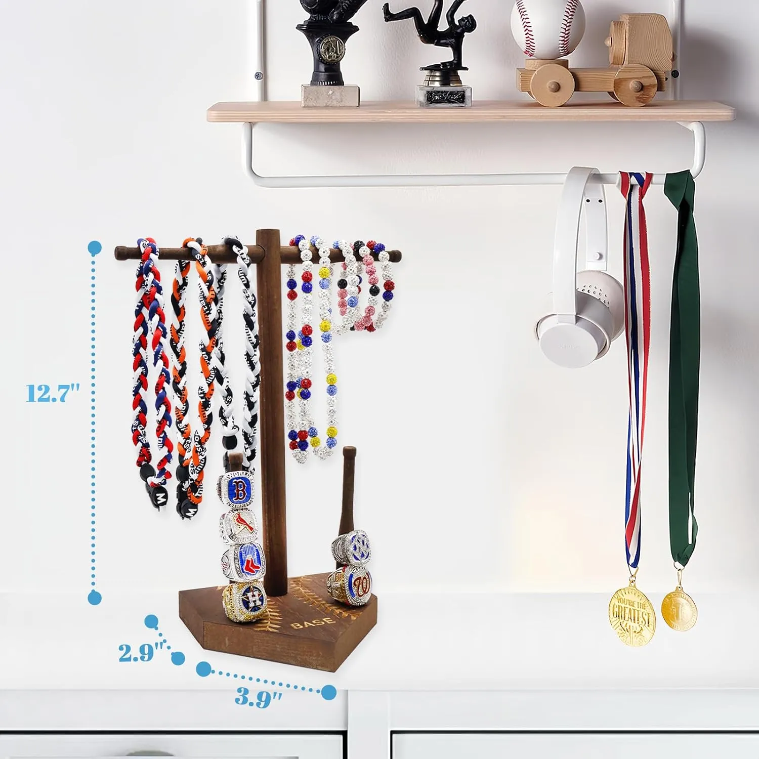 Wooden Baseball or Softball Drip Necklace Organizer Holder, Championship Ring Display Holder, Softball Ring Holder, Sports Ring Holder, Drip Necklace Championship Ring Holder Baseball Display Gift