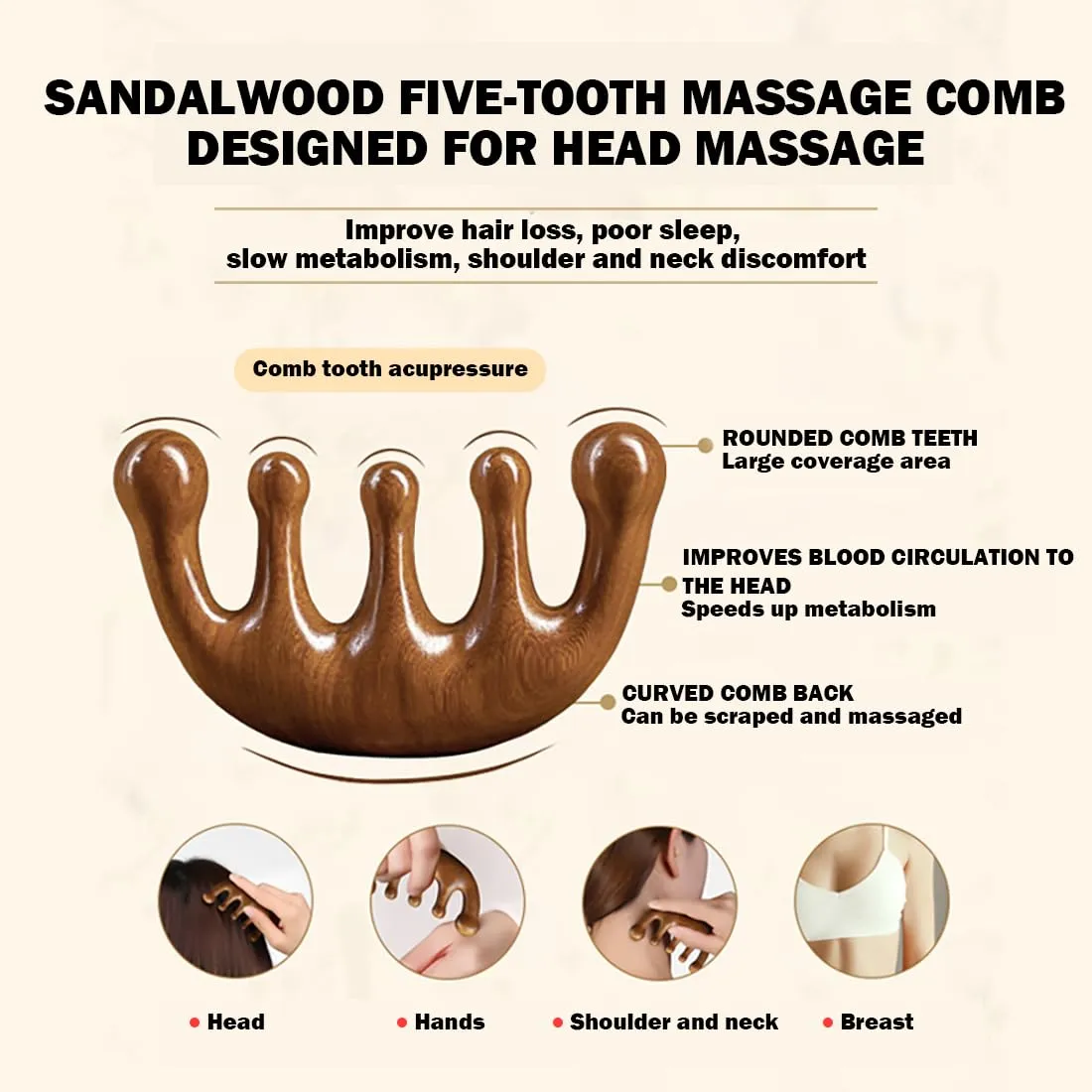 Wooden Scalp Massager - Handmade 100% Natural Green Sandalwood Wide Tooth Combs - Wood Massage Comb & Sandalwood Comb for Luxurious Hair Care