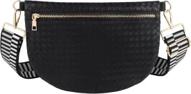 Woven Fanny Packs Belt Sling Bag Woven Leather Bum Crossbody Waist Pack Chest Purse Shoulder Bag for Women-Black