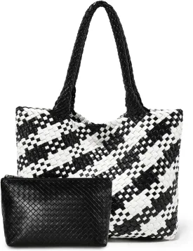 Woven Leather Handbag - Large Tote Bag for Women - Fashion Vegan Leather Tote