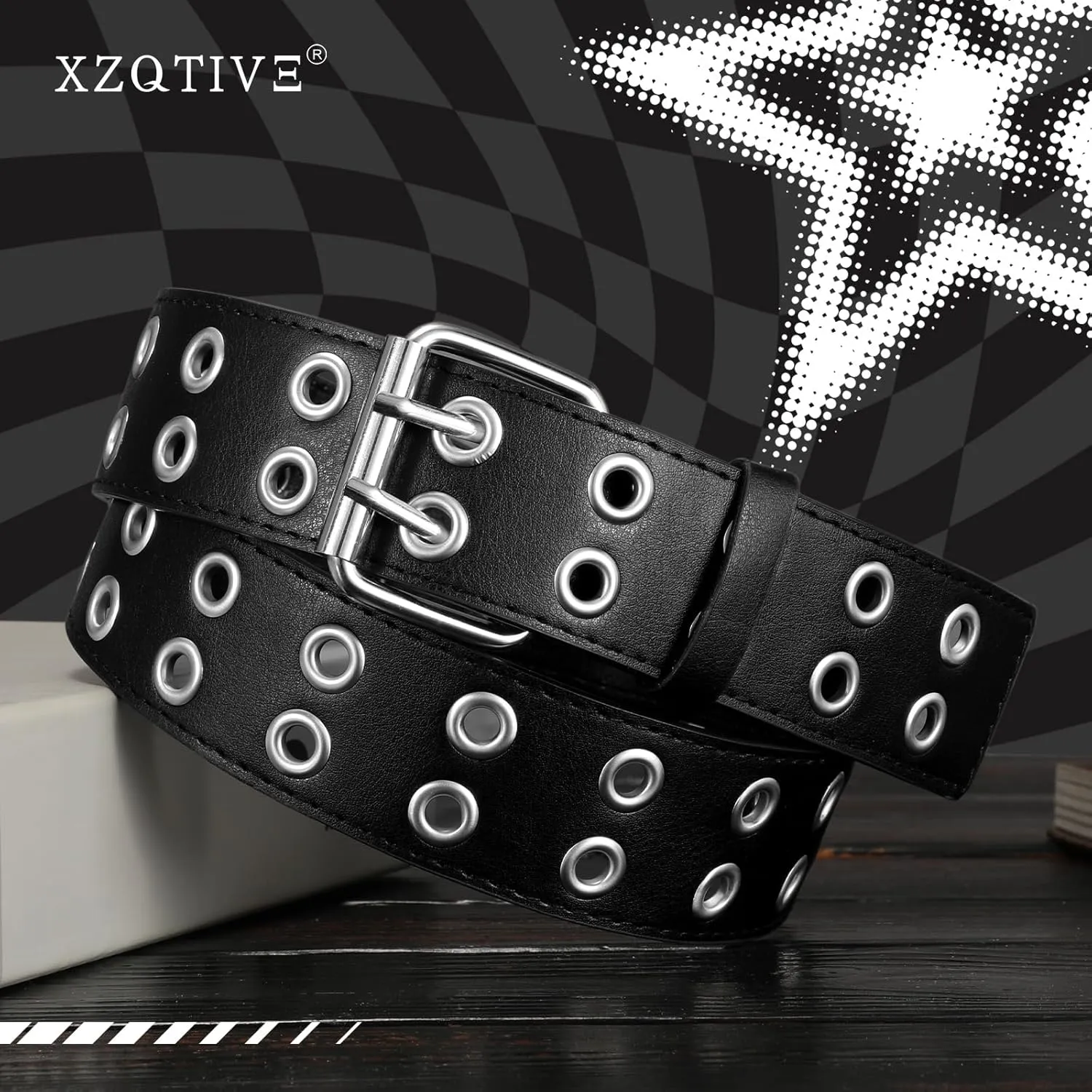 XZQTIVE Double Grommet PU Leather Belt for Women Men Punk metal Jean Belt Wide 1.5 Inch