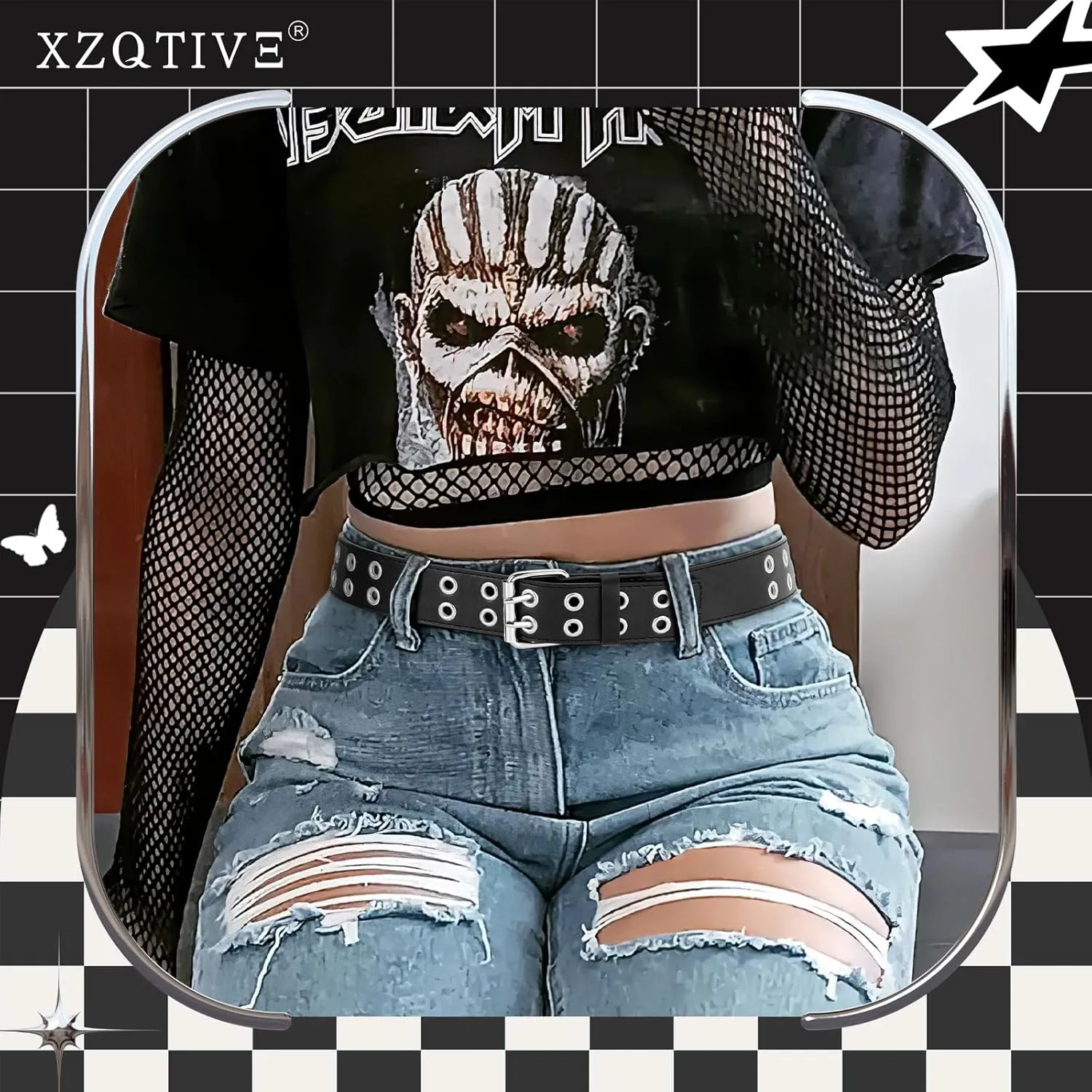 XZQTIVE Double Grommet PU Leather Belt for Women Men Punk metal Jean Belt Wide 1.5 Inch