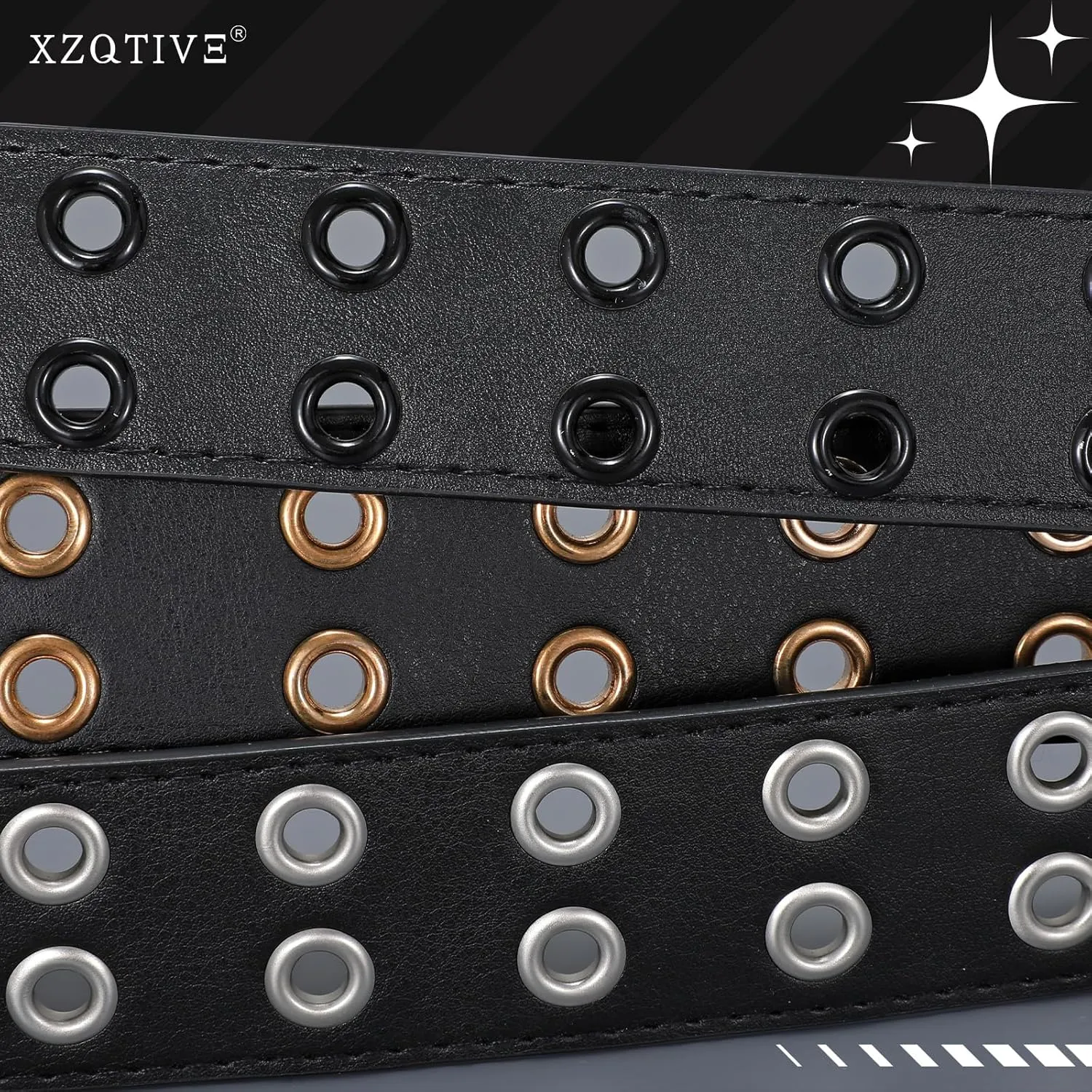 XZQTIVE Double Grommet PU Leather Belt for Women Men Punk metal Jean Belt Wide 1.5 Inch