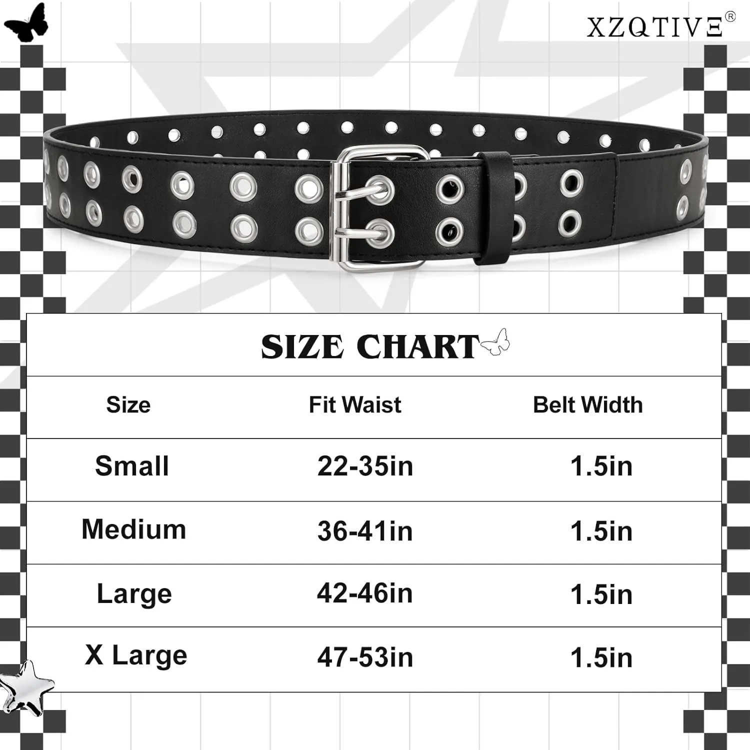 XZQTIVE Double Grommet PU Leather Belt for Women Men Punk metal Jean Belt Wide 1.5 Inch