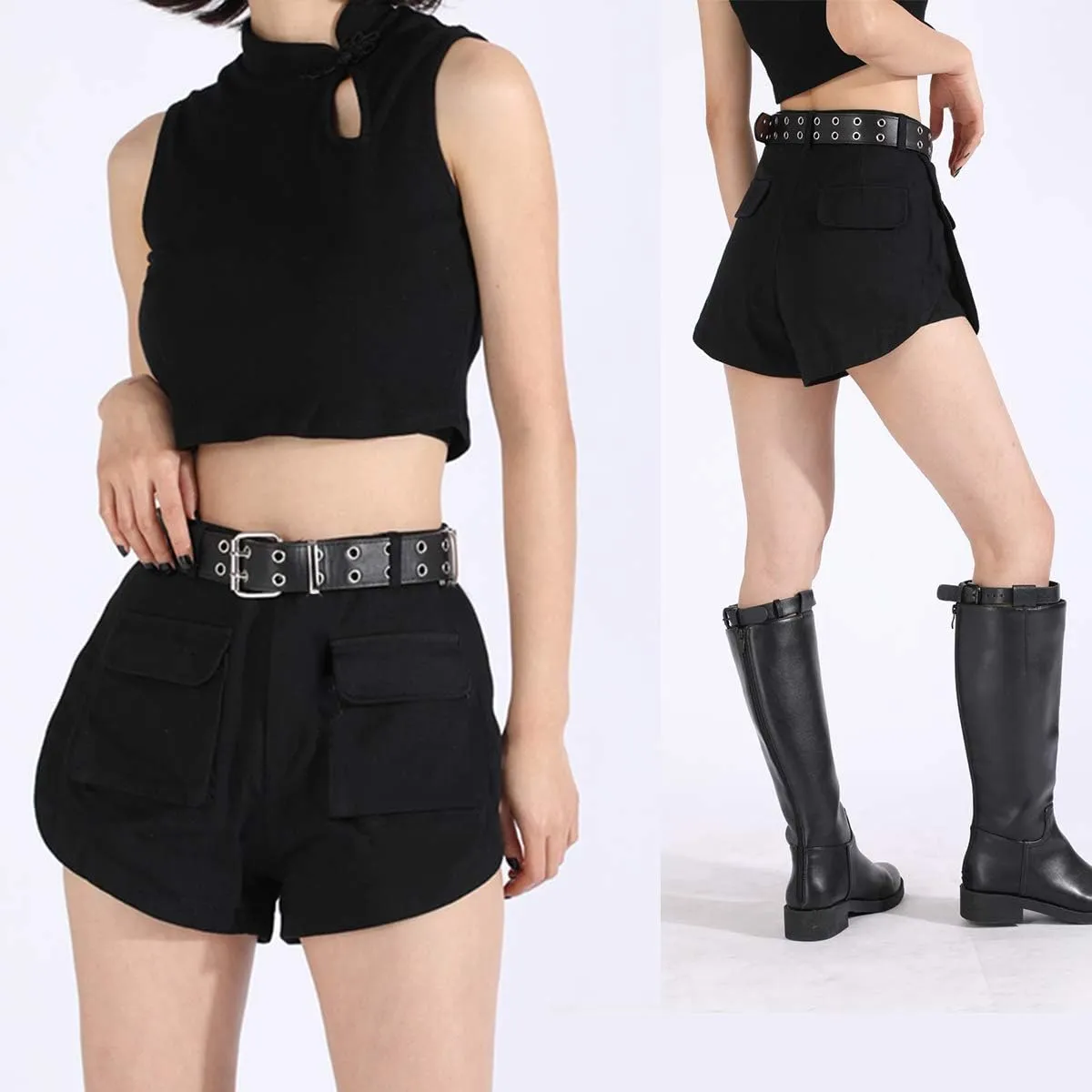 XZQTIVE Double Grommet PU Leather Belt for Women Men Punk metal Jean Belt Wide 1.5 Inch