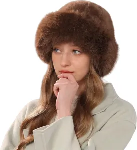 ZGMYC Faux Fur Trimmed Beanie Hats for Women Girls Russian Style Furry Winter Bucket Hats Warm Ski Snow Hat