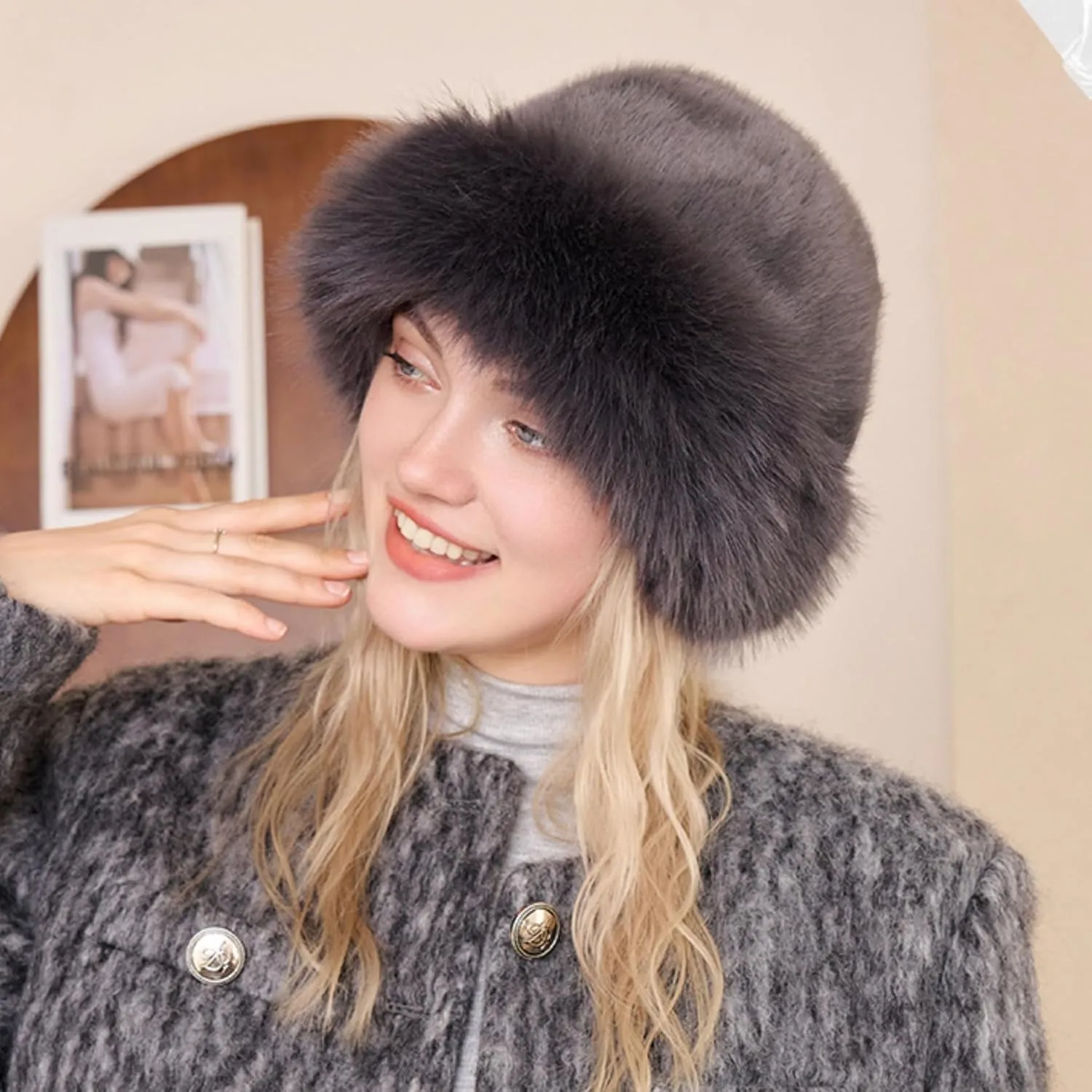 ZGMYC Faux Fur Trimmed Beanie Hats for Women Girls Russian Style Furry Winter Bucket Hats Warm Ski Snow Hat