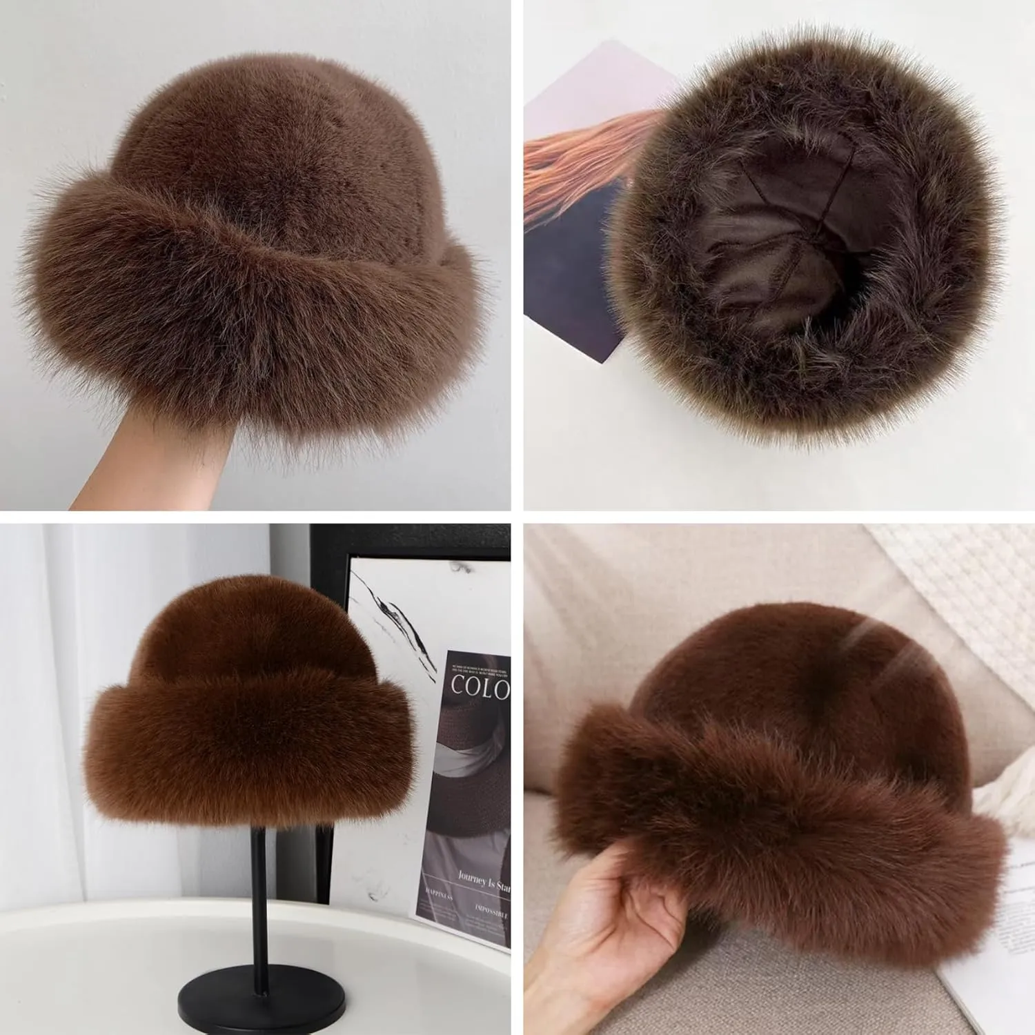 ZGMYC Faux Fur Trimmed Beanie Hats for Women Girls Russian Style Furry Winter Bucket Hats Warm Ski Snow Hat