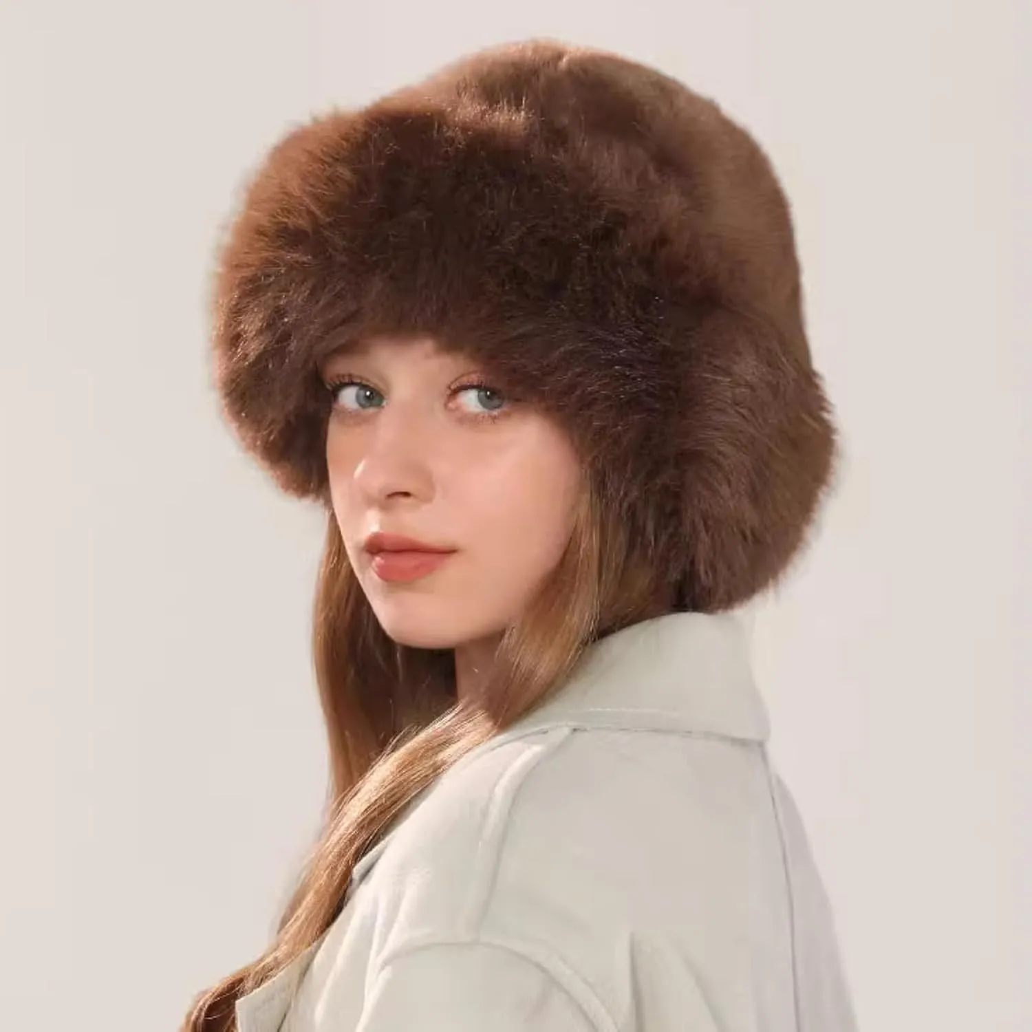 ZGMYC Faux Fur Trimmed Beanie Hats for Women Girls Russian Style Furry Winter Bucket Hats Warm Ski Snow Hat