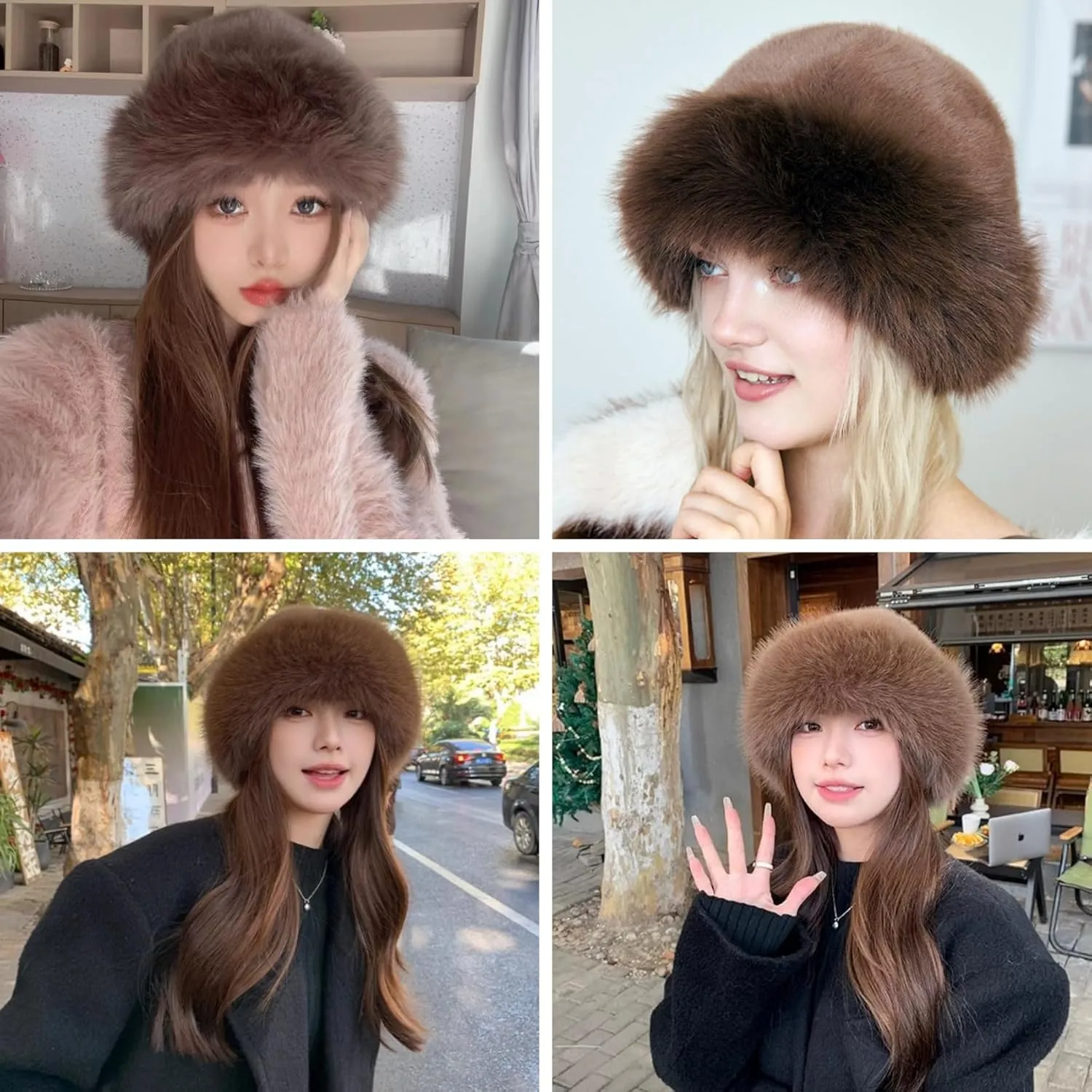 ZGMYC Faux Fur Trimmed Beanie Hats for Women Girls Russian Style Furry Winter Bucket Hats Warm Ski Snow Hat