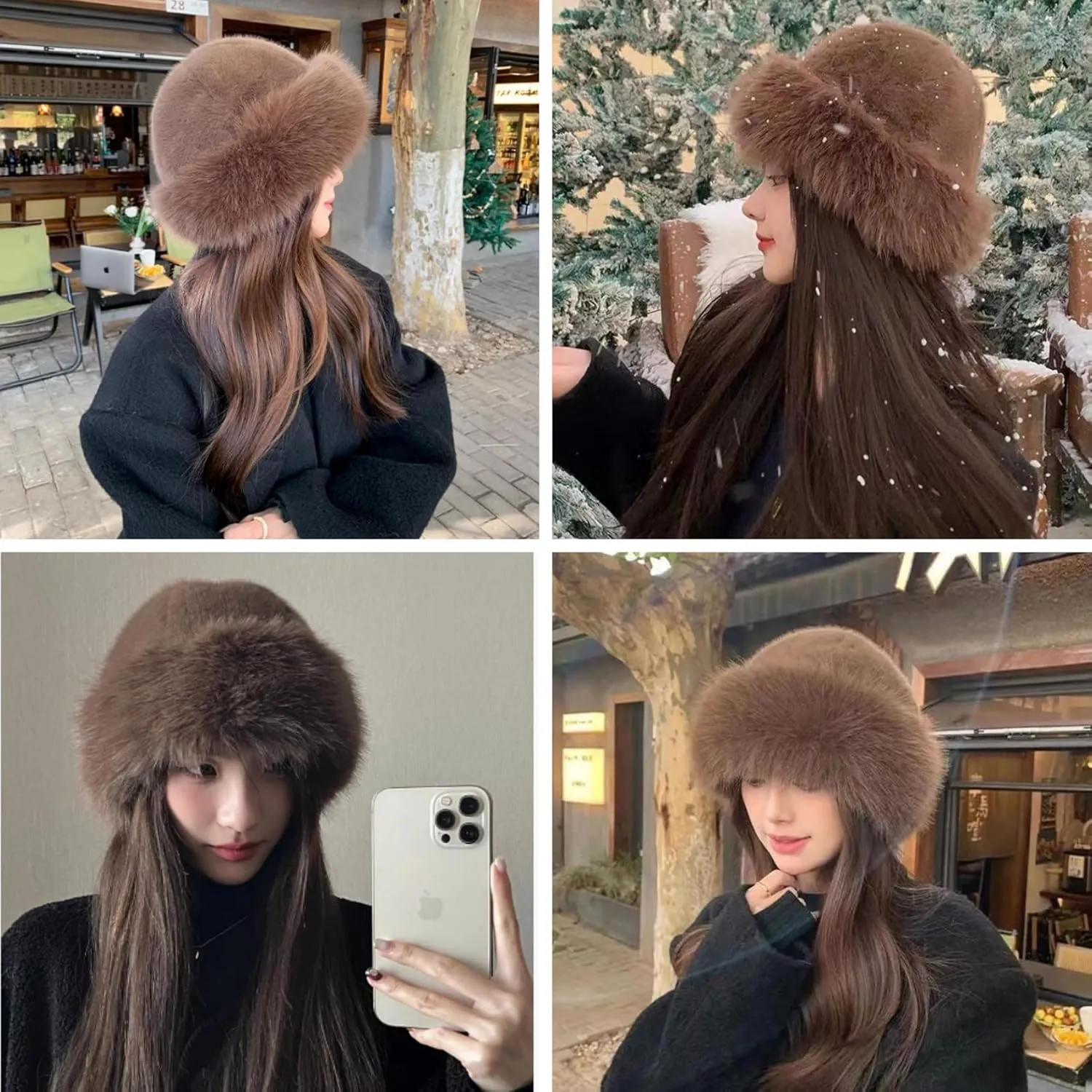 ZGMYC Faux Fur Trimmed Beanie Hats for Women Girls Russian Style Furry Winter Bucket Hats Warm Ski Snow Hat