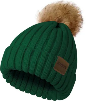 ZOORON Womens Winter Knitted Beanie Hat with Faux Fur Pom Beanie Warm Knit Skull Cap Beanie for Women