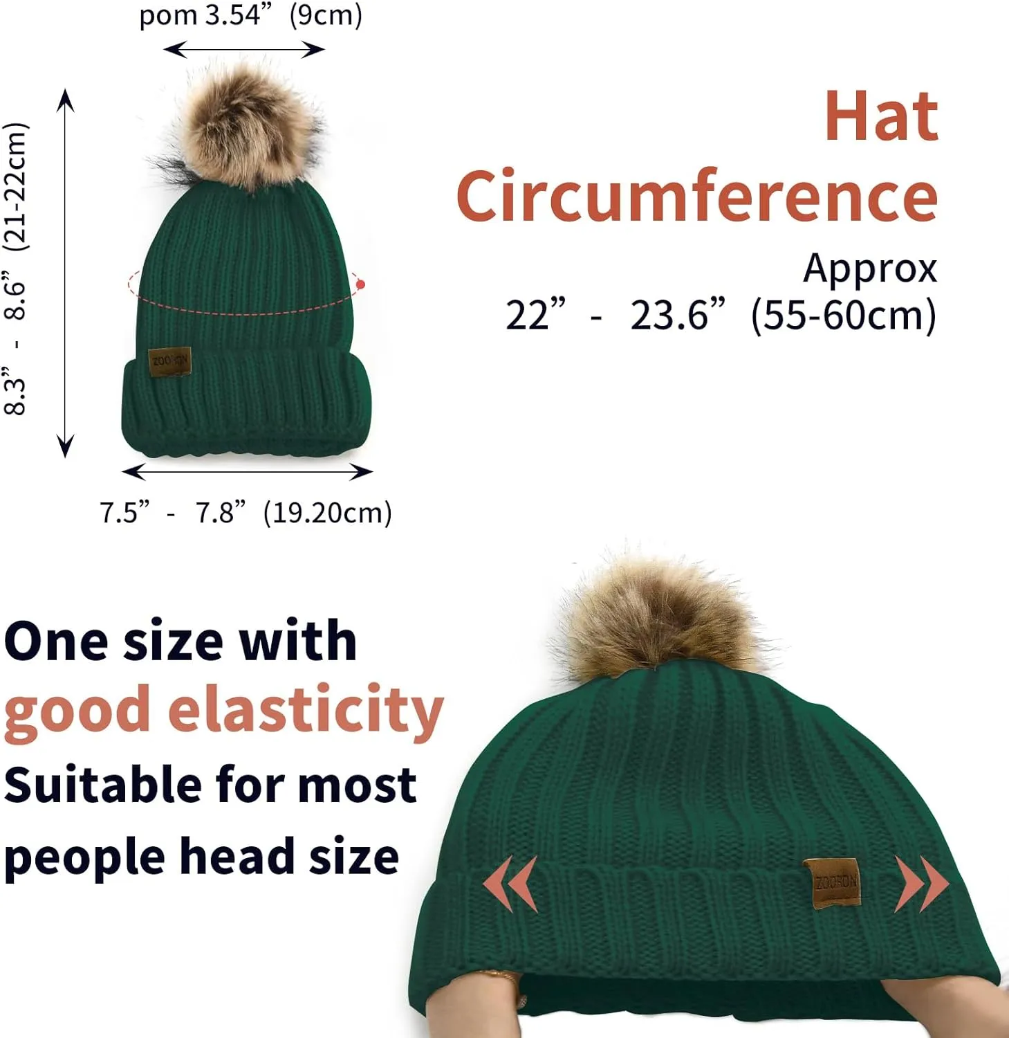 ZOORON Womens Winter Knitted Beanie Hat with Faux Fur Pom Beanie Warm Knit Skull Cap Beanie for Women